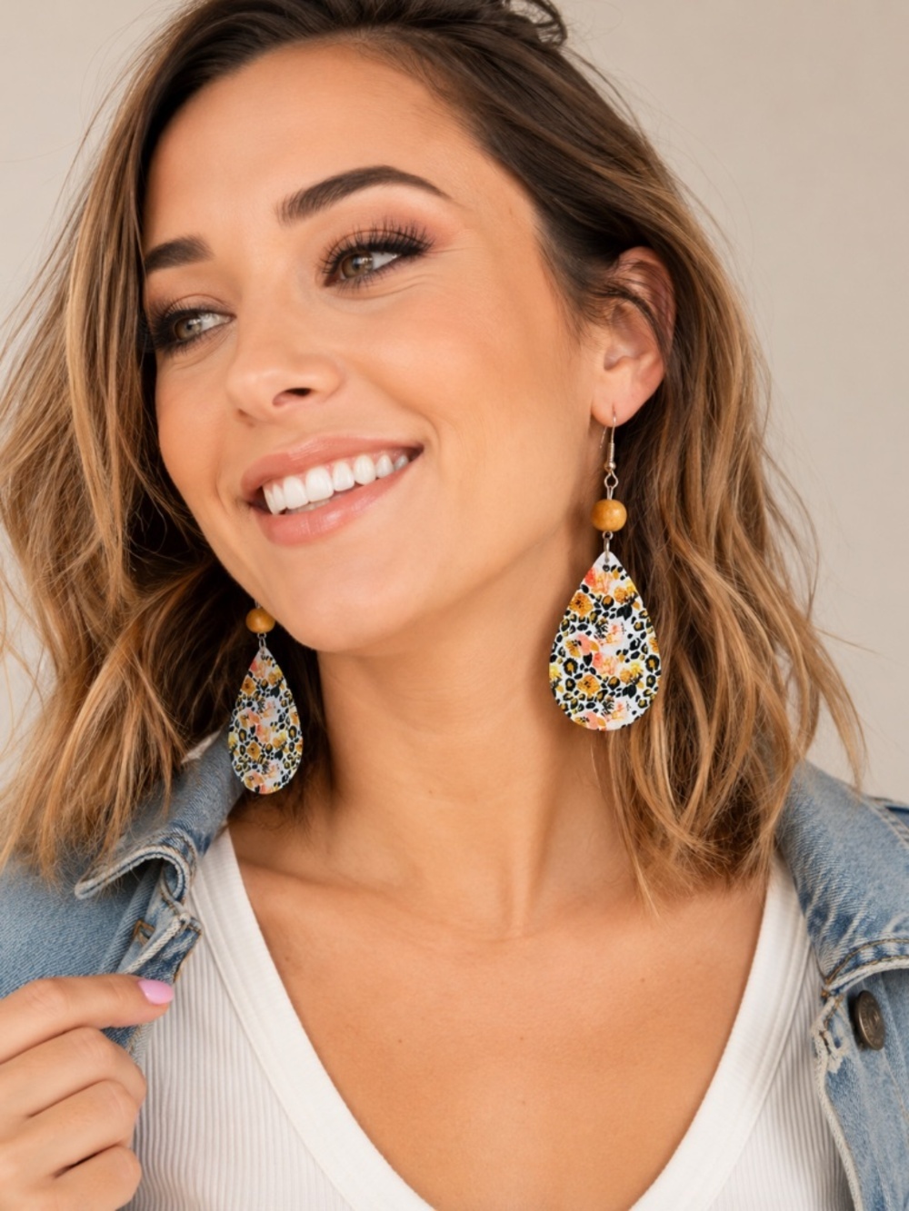 Lightweight Peach Leopard Teardrop Wood Earrings – Boho Floral Statement Jewelry
